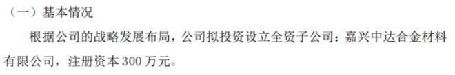 中达新材拟投资300万设立全资子公司嘉兴中达合金材料有限公司(图1)